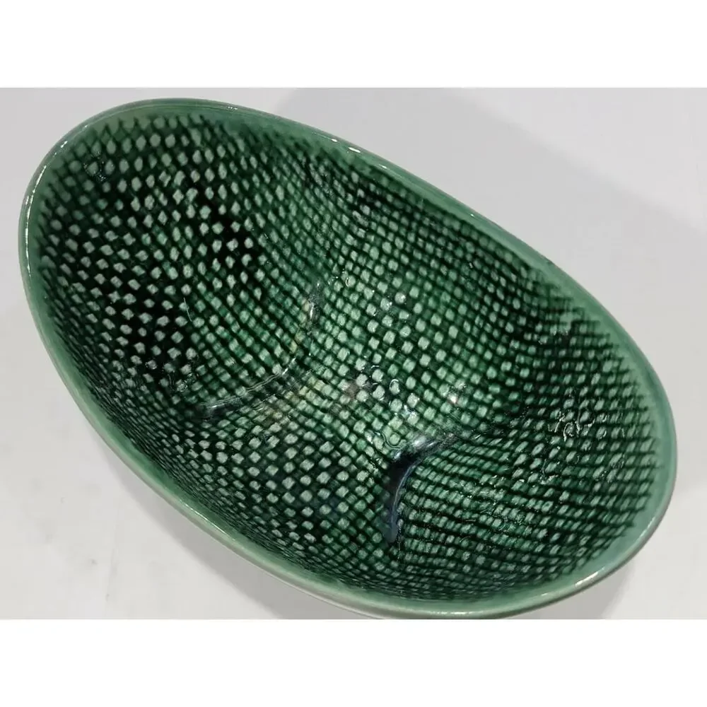 Vintage Green Glazed Textured Footed Mid Century Mod 7” HullI USA Dish 1950s mcm